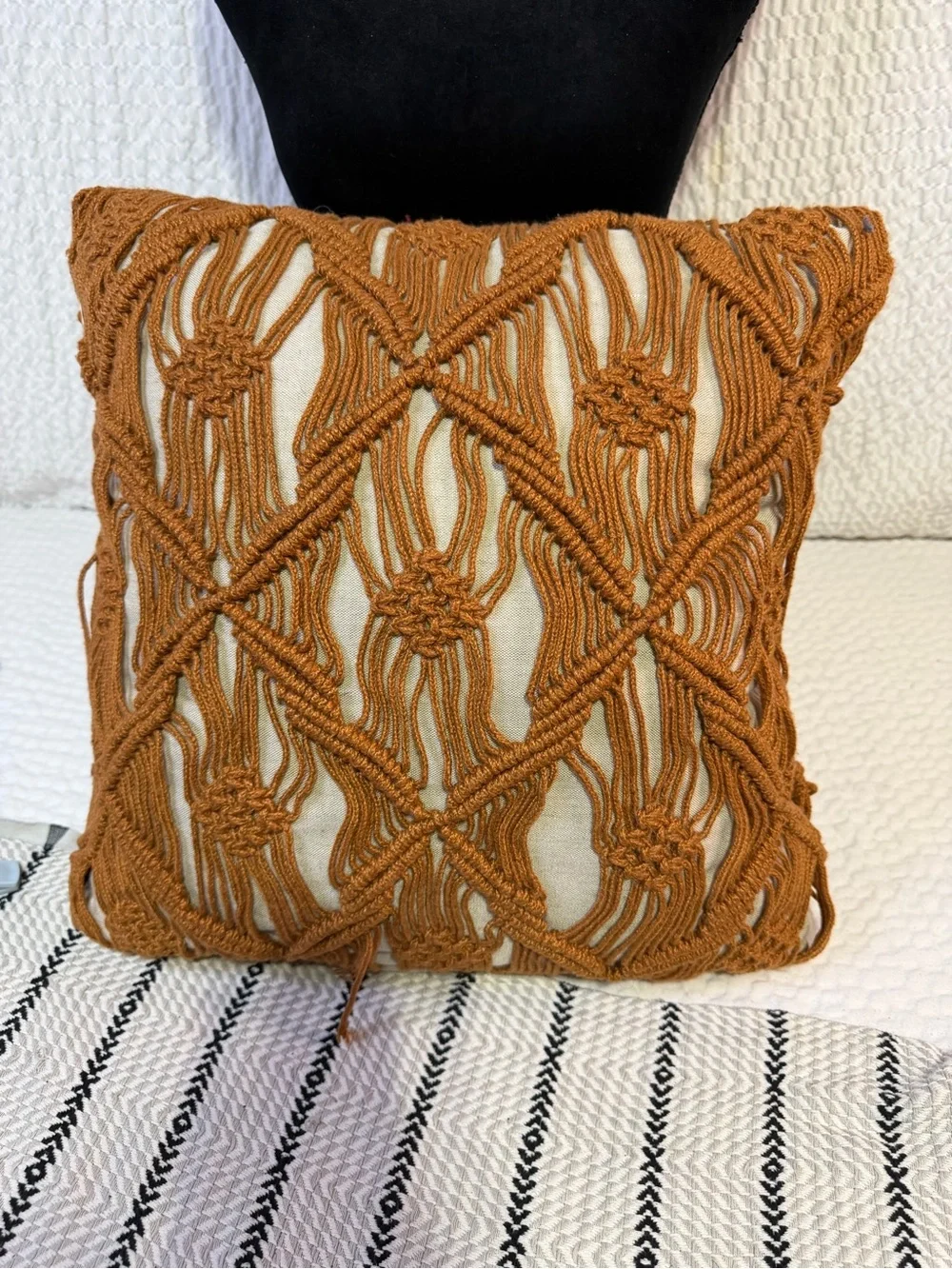 Cost Plus World Market Macramé Accent Pillow - Rust Orange on Cream